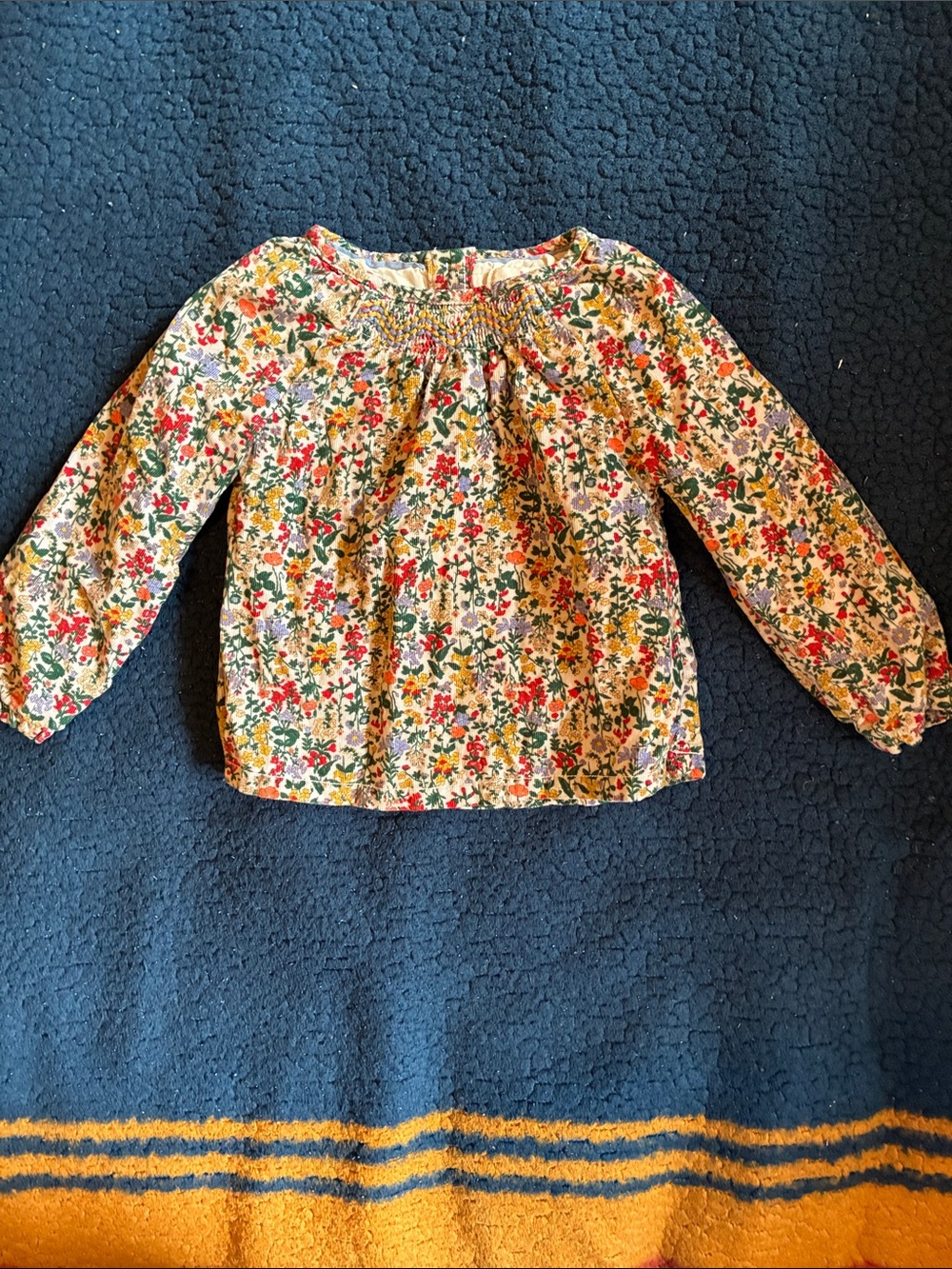 Baby Boden Cream Floral Smocked Long-Sleeve Top with Red & Green Accents